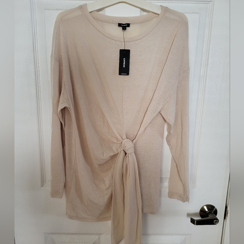 Express Skimming Lightweight Crew Neck Long Sleeve Tie Front Tee
